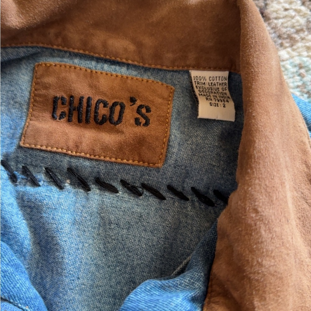 Chico's Denim Blue Jean Jacket with Brown Leather Trim - Picture 3 of 7